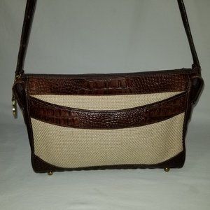 Vtg Brahmin Twill & Moc Croc Leather Shoulder Bag
